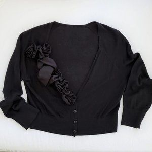 Black Sweater CROP Shrug with Buttons Silk ROSES Small Darling! Long Sleeves